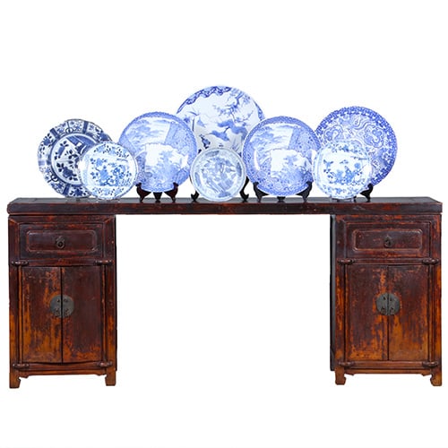 Foto 2 van Smalle lange wandtafel of sideboard  massief iepenhout prachtige patina ca 1890