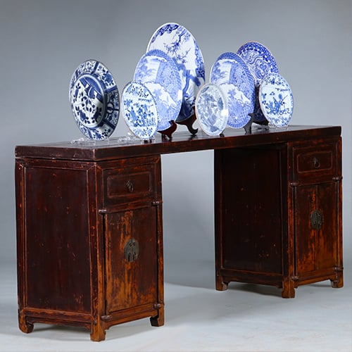 Foto 10 van Smalle lange wandtafel of sideboard  massief iepenhout prachtige patina ca 1890