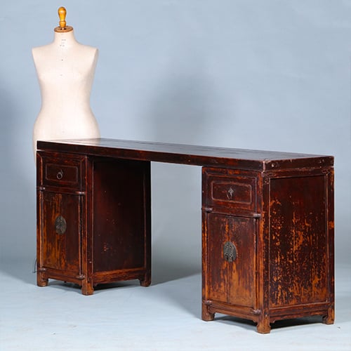 Foto 7 van Smalle lange wandtafel of sideboard  massief iepenhout prachtige patina ca 1890