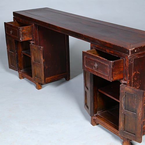 Foto 4 van Smalle lange wandtafel of sideboard  massief iepenhout prachtige patina ca 1890
